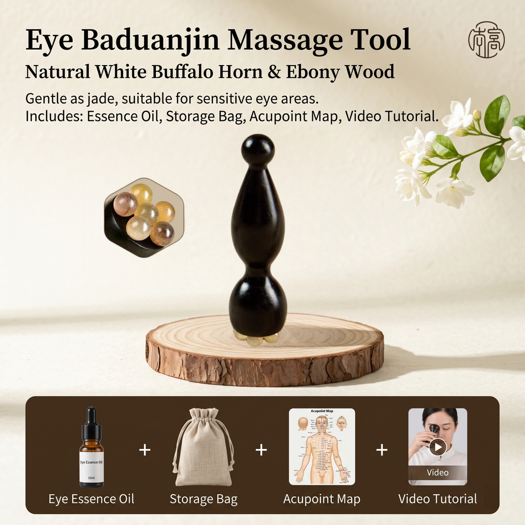 YCMassage® Eye Massage Tool: "Vermilion Bird's Three Pecks" Meridian Stimulator — Small Lotus Pod Design, Ox Horn Acupoint Probe with Roller Ball — Specialized Eye Care Instrument