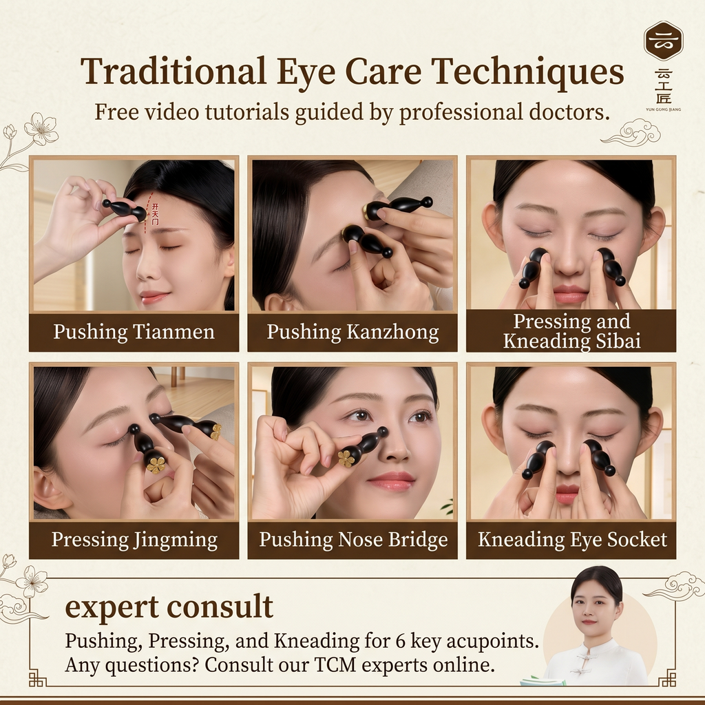 YCMassage® Eye Massage Tool: "Vermilion Bird's Three Pecks" Meridian Stimulator — Small Lotus Pod Design, Ox Horn Acupoint Probe with Roller Ball — Specialized Eye Care Instrument