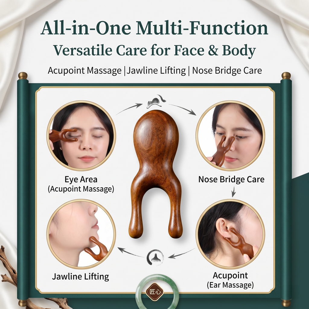 YCMassage® Sandalwood Massage Comb & "Little Frog" Massager — For Eyes, Face, and Nose Bridge — Head and Facial Gua Sha Tool — Home Use