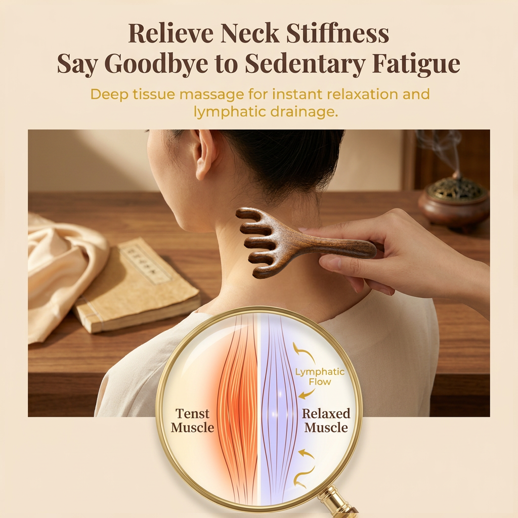 YCMassage® Authentic Sandalwood & Deer Antler Scalp Massage Comb — Head Meridian Clearing and Gua Sha Tool