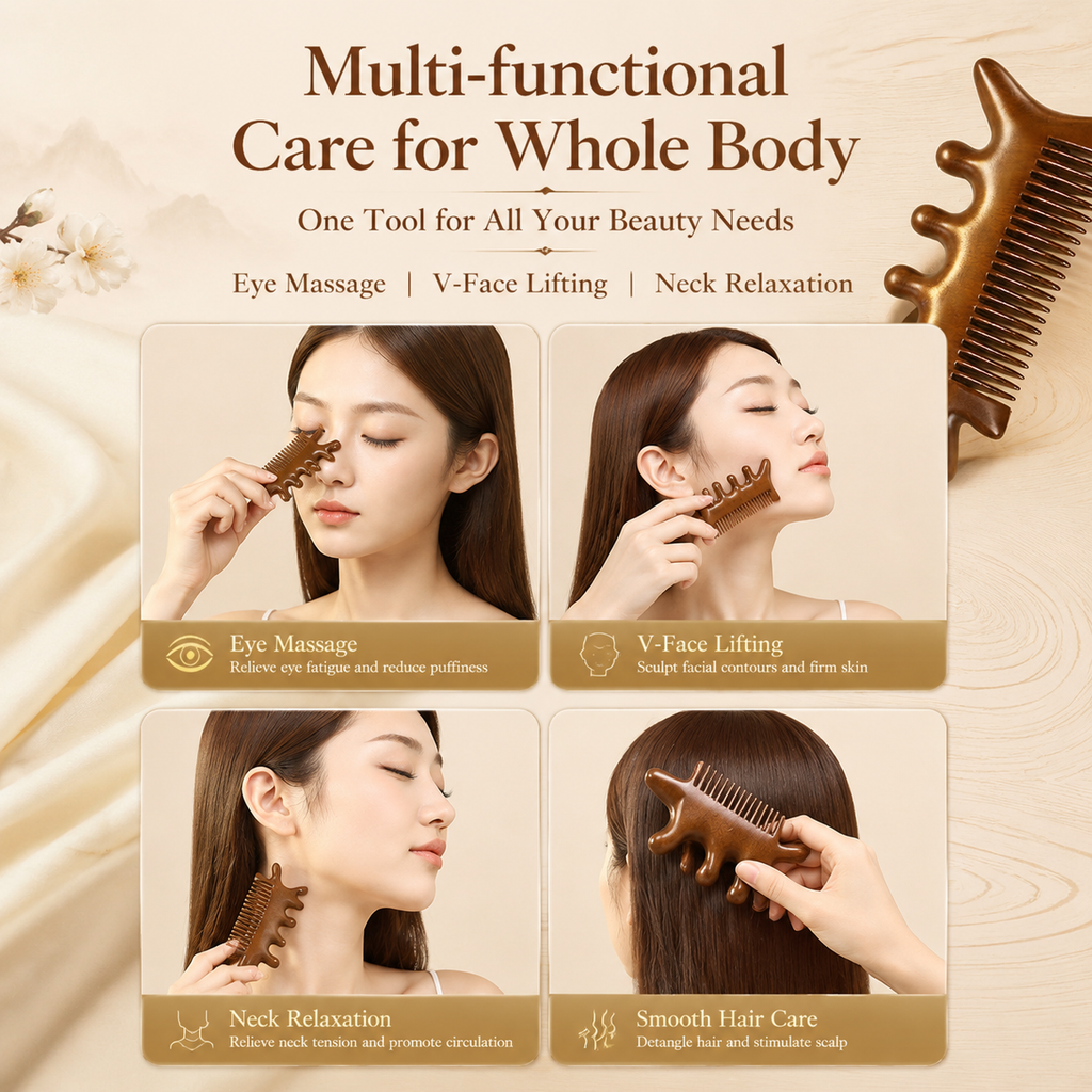 YCMassage® Sandalwood 4-in-1 Multifunctional Massage Comb — Meridian-Clearing Wooden Comb for Head, Scalp, Face, Eyes, Shoulders, and Neck