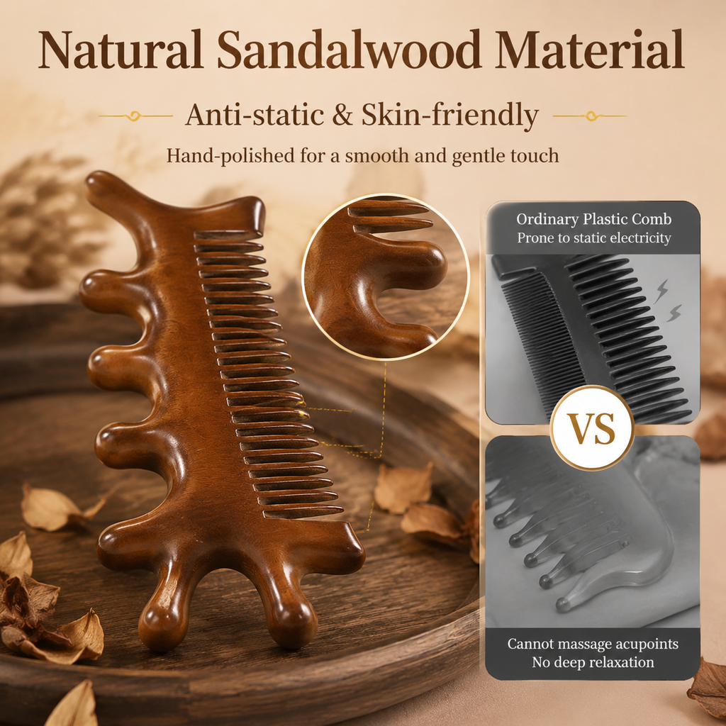 YCMassage® Sandalwood 4-in-1 Multifunctional Massage Comb — Meridian-Clearing Wooden Comb for Head, Scalp, Face, Eyes, Shoulders, and Neck
