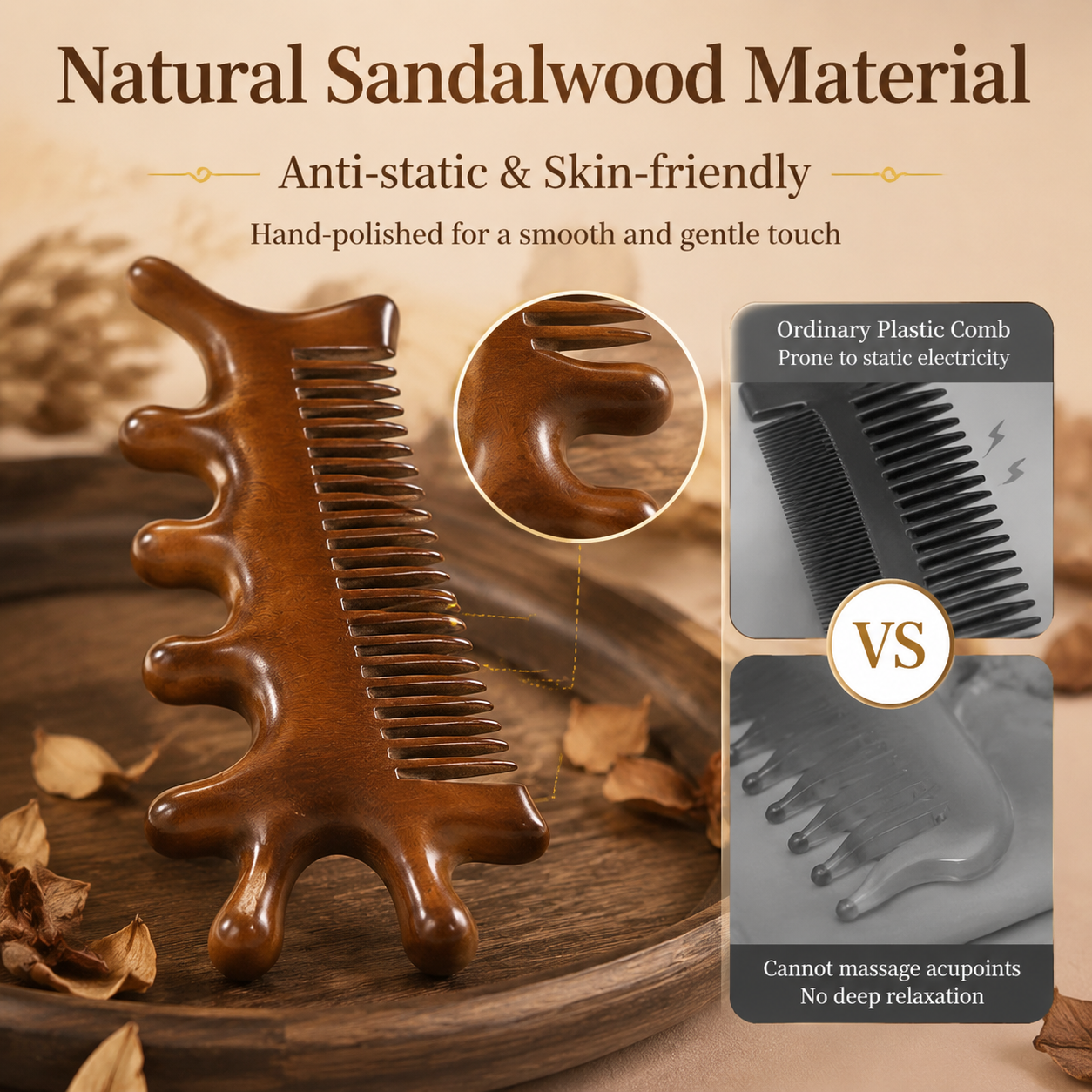 YCMassage® Sandalwood 4-in-1 Multifunctional Massage Comb — Meridian-Clearing Wooden Comb for Head, Scalp, Face, Eyes, Shoulders, and Neck