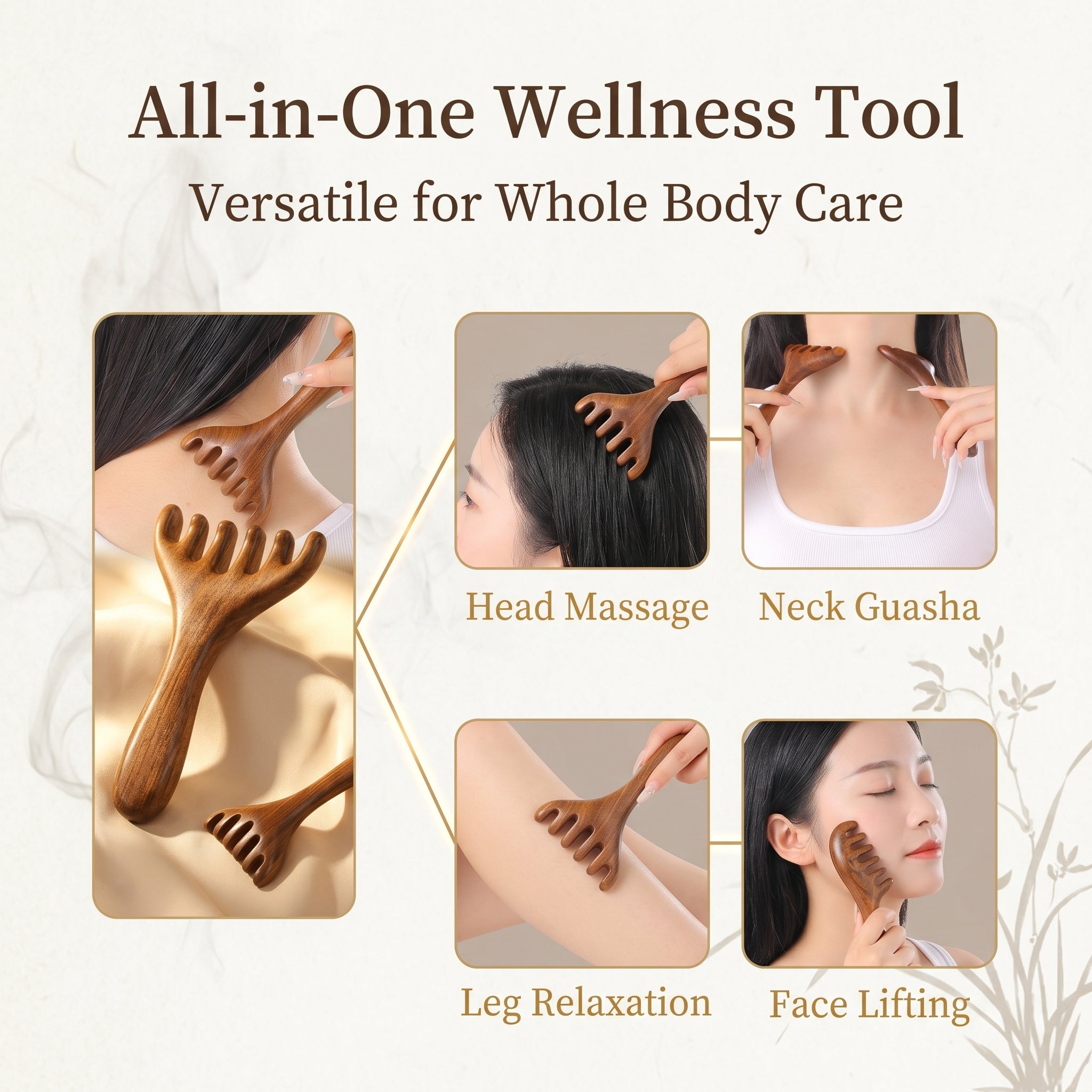 YCMassage® Authentic Sandalwood & Deer Antler Scalp Massage Comb — Head Meridian Clearing and Gua Sha Tool