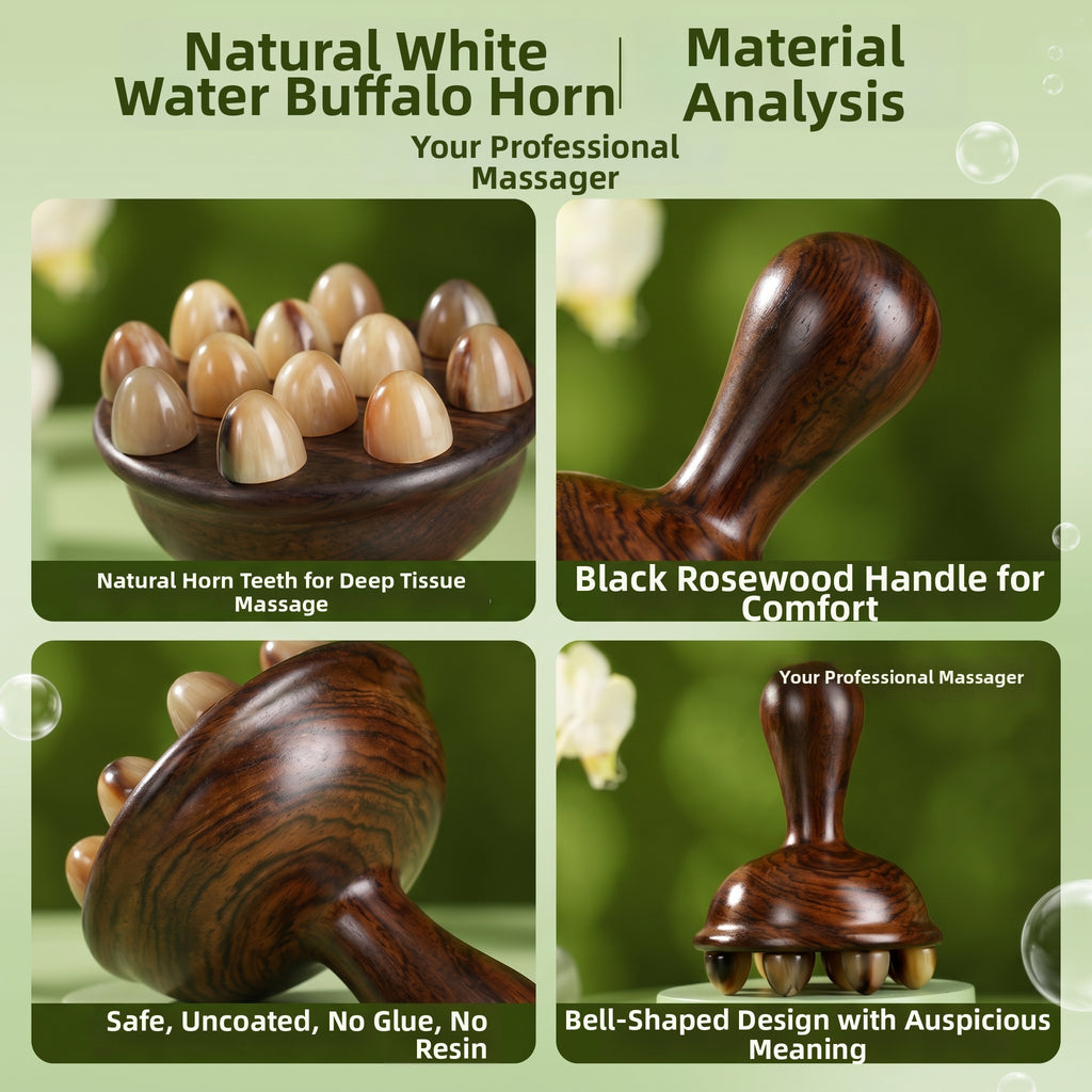 YCMassage® Premium Ox Horn & Sandalwood Meridian Brush — Versatile Full-Body Gua Sha Tool, Massage Comb, and Abdominal/Leg Massager