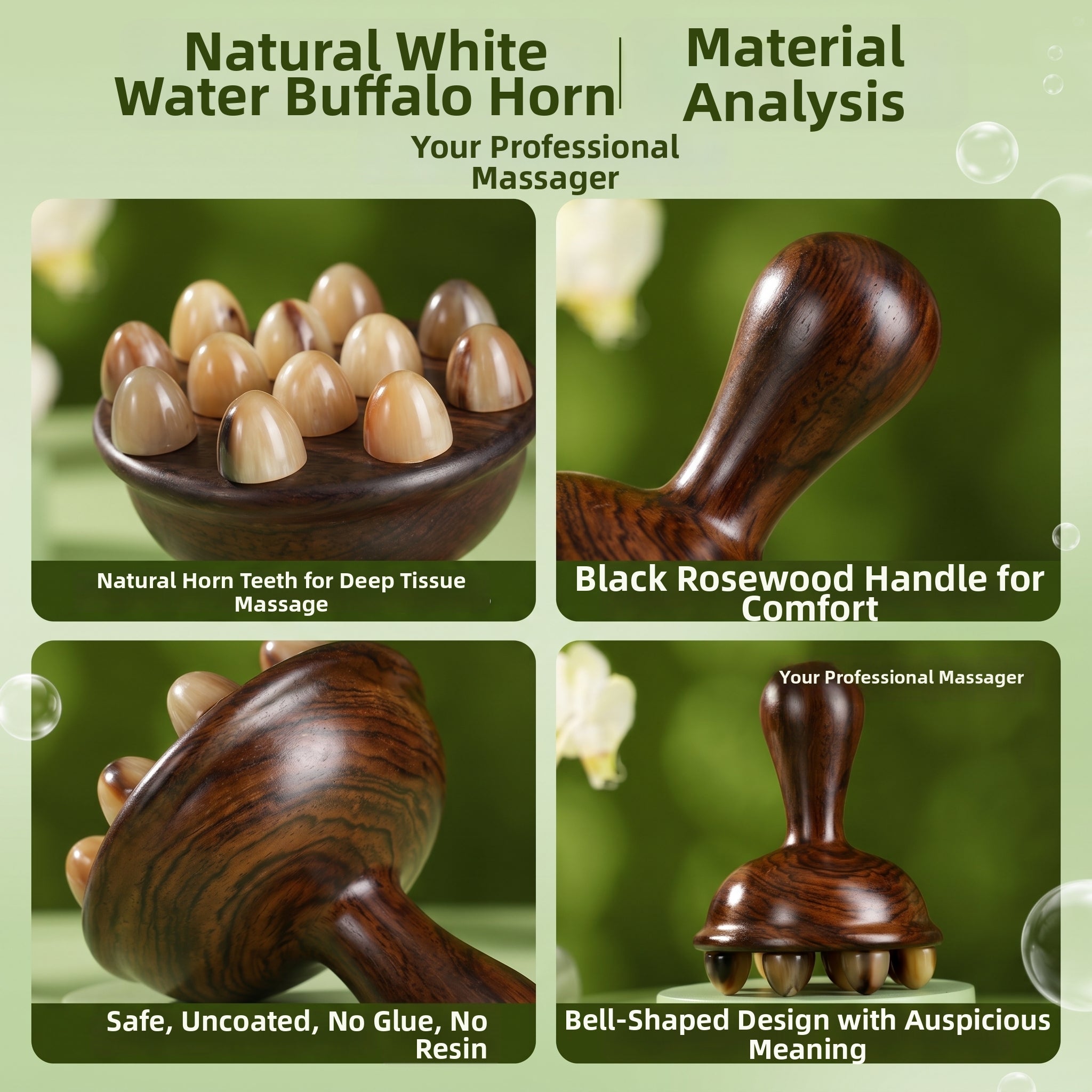YCMassage® Premium Ox Horn & Sandalwood Meridian Brush — Versatile Full-Body Gua Sha Tool, Massage Comb, and Abdominal/Leg Massager