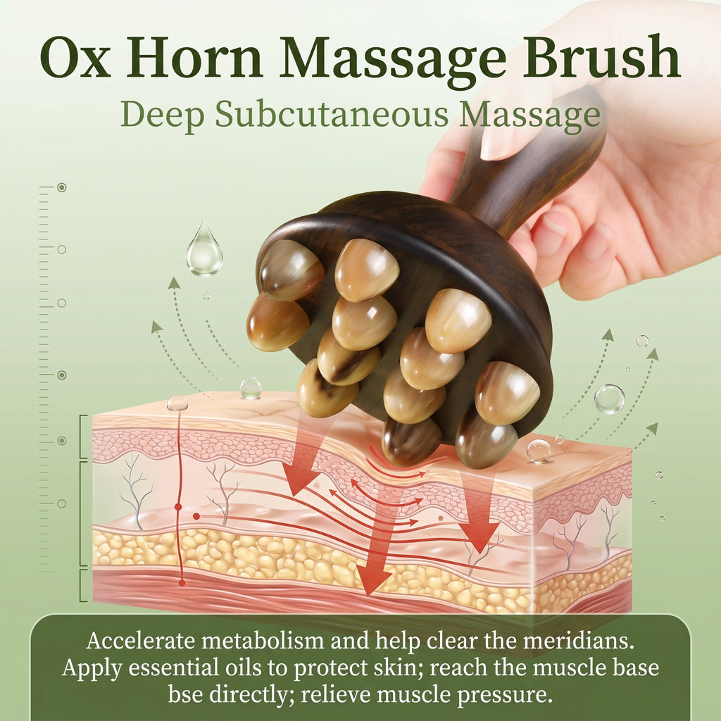 YCMassage® Premium Ox Horn & Sandalwood Meridian Brush — Versatile Full-Body Gua Sha Tool, Massage Comb, and Abdominal/Leg Massager