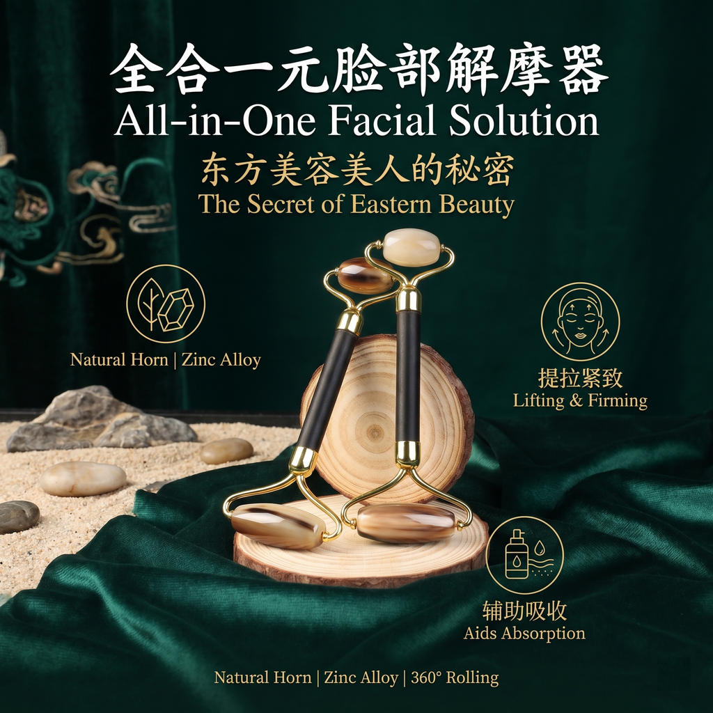 YCMassage® Multifunctional Natural Ox Horn Facial Massager & Roller — Face Lifting, Gua Sha Board, and Beauty Tool for Unblocking Meridians