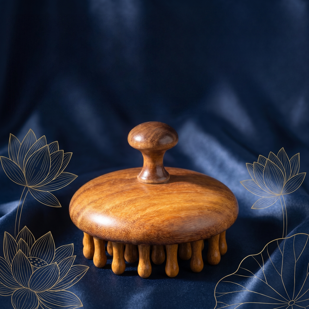 YCMassage®  Premium Sandalwood Round Massage Comb — Head & Scalp Meridian Stimulator, Follicle-Clearing Tool — Designed for Women