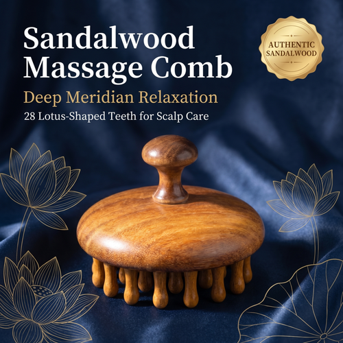 YCMassage®  Premium Sandalwood Round Massage Comb — Head & Scalp Meridian Stimulator, Follicle-Clearing Tool — Designed for Women