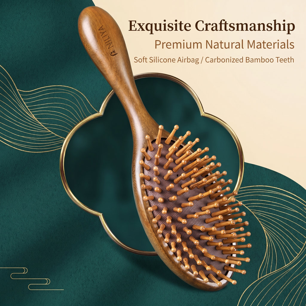 YCMassage® Sandalwood Air-Cushion Comb — Women's Home Use, Hair-Smoothing, Head & Scalp Massage Comb; Unclogs Hair Follicles — Portable Design