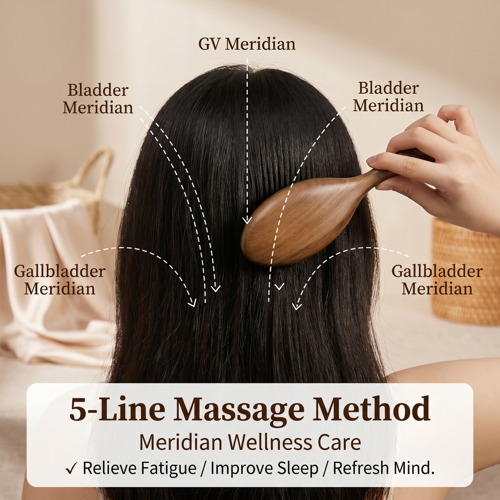 YCMassage® Sandalwood Air-Cushion Comb — Women's Home Use, Hair-Smoothing, Head & Scalp Massage Comb; Unclogs Hair Follicles — Portable Design
