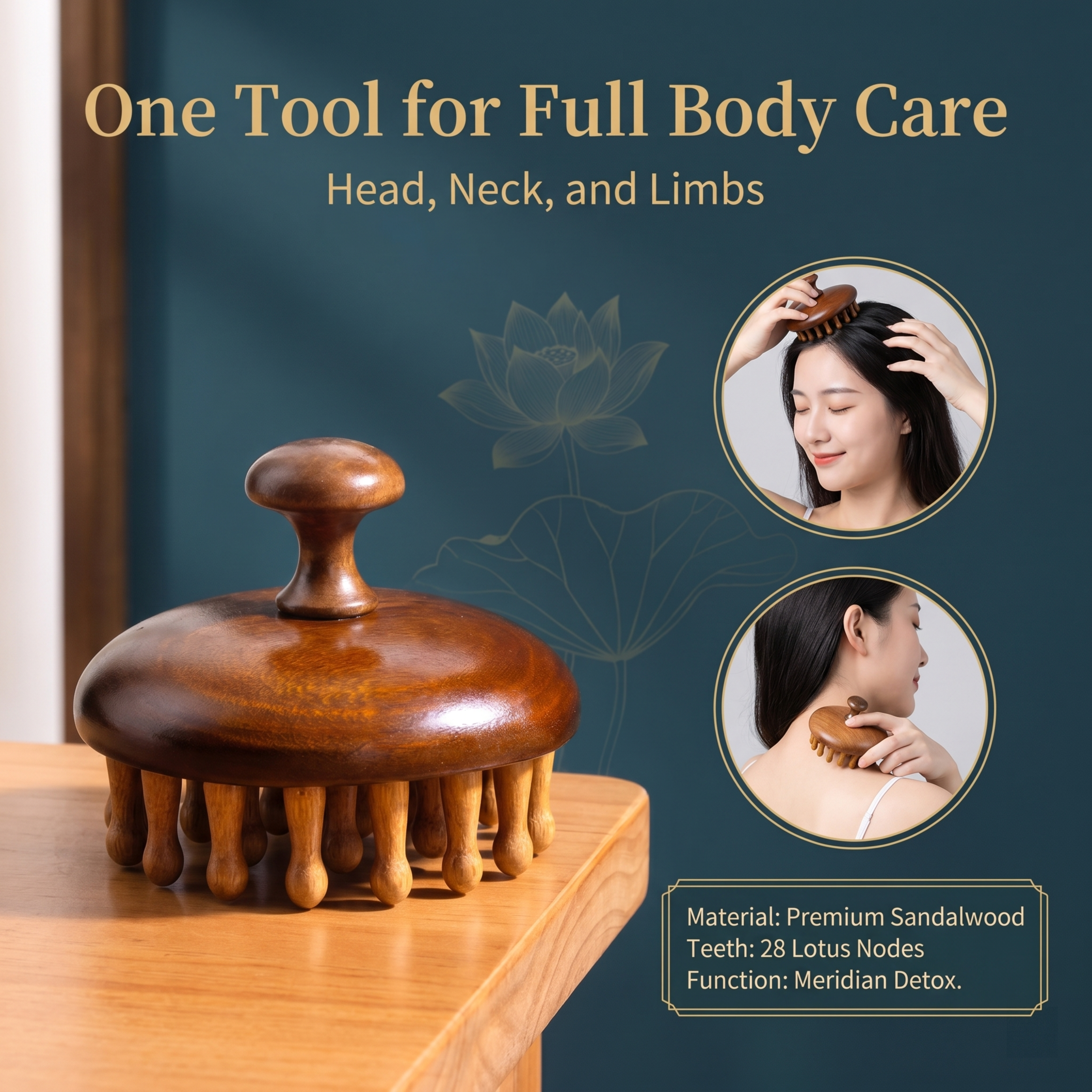 YCMassage®  Premium Sandalwood Round Massage Comb — Head & Scalp Meridian Stimulator, Follicle-Clearing Tool — Designed for Women